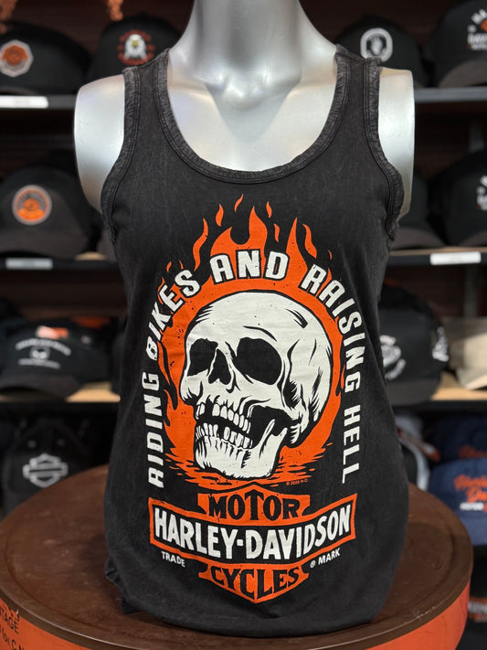 Dealer Women Flame Skull Dyed Scoop Tank