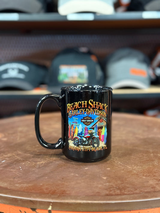 Beach Shack Surfboard Black Mug