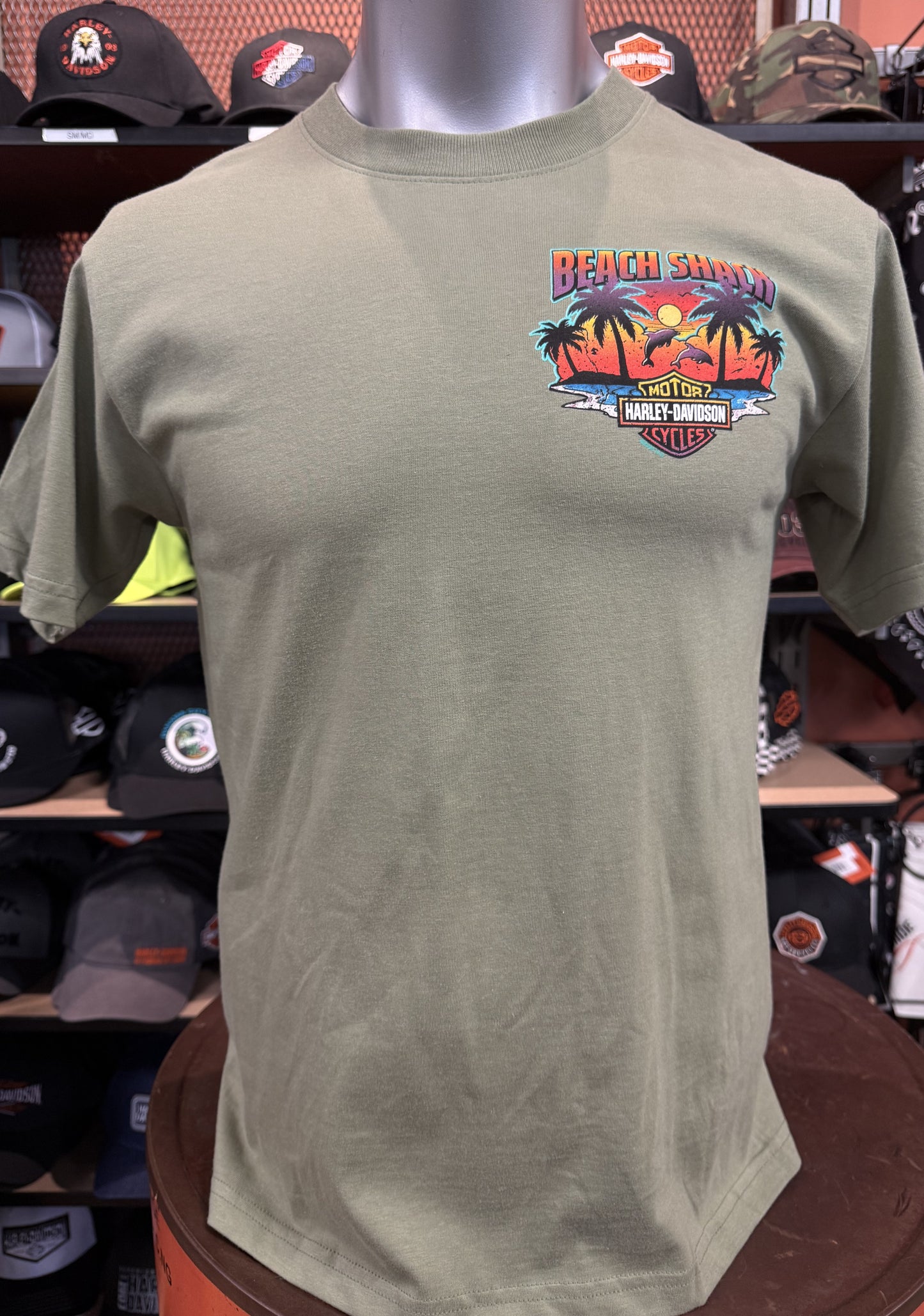 Beach Shack Short Sleeve Retro Vibe Tee in Oil Green